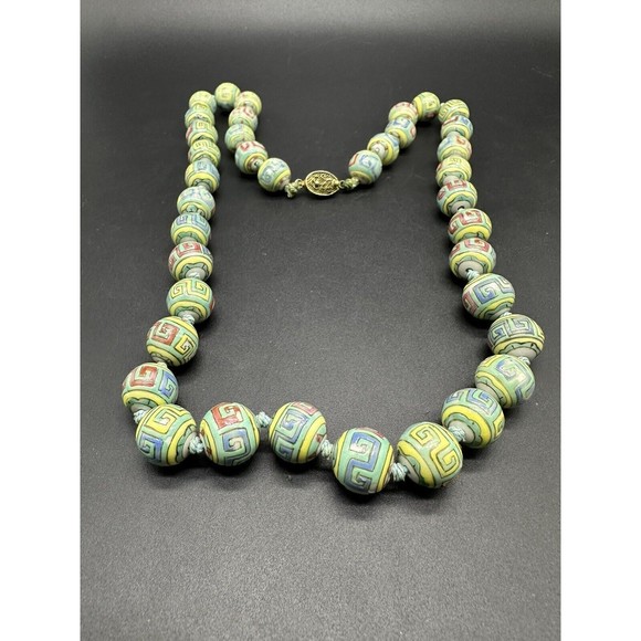 Asian Oriental Painted Bead Beaded Knotted Necklace Green 26” - Picture 1 of 7